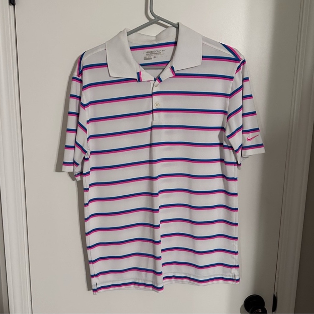 Men's Striped Nike Golf Shirt - White with Blue and Pink Accents